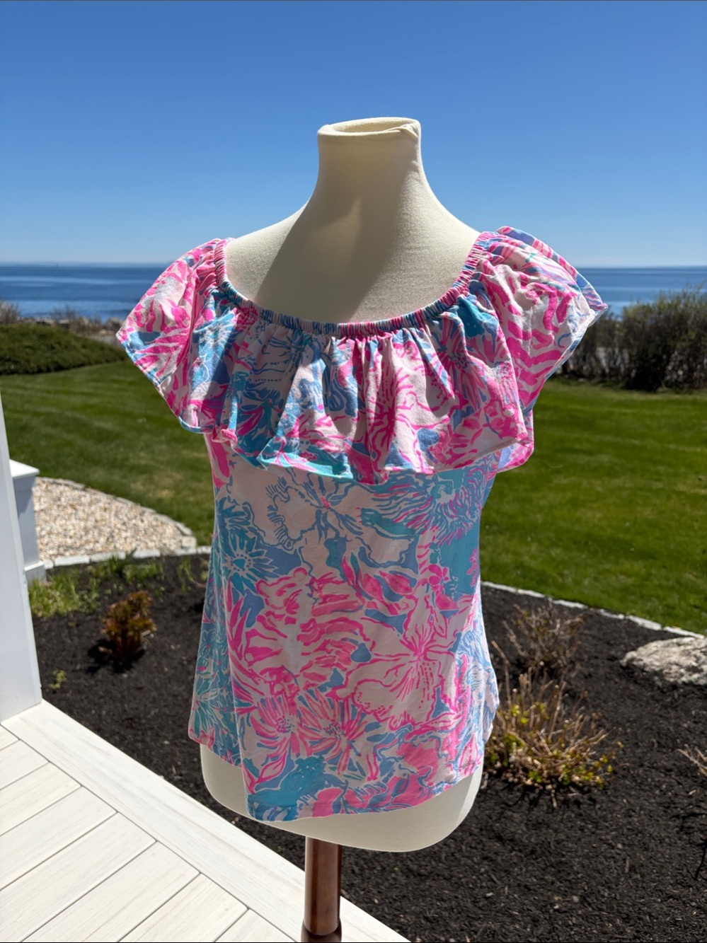 Lilly Pulitzer Ruffled Off-Shoulder Floral Blouse in Pink & Blue